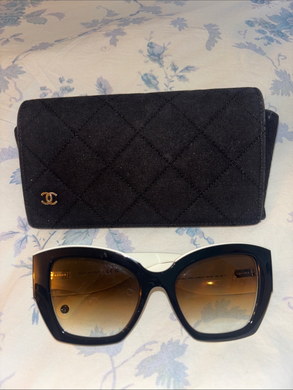 CHANEL Black Sunglasses with Gradient Brown Lenses and Quilted Case